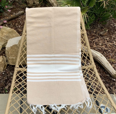 Fouta coton rayé beige et blanc 100x200 cm