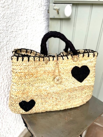 Panier cabas en paille coeurs noirs