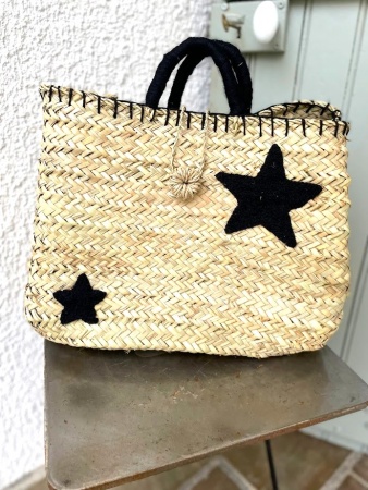 Panier cabas en paille étoiles noires