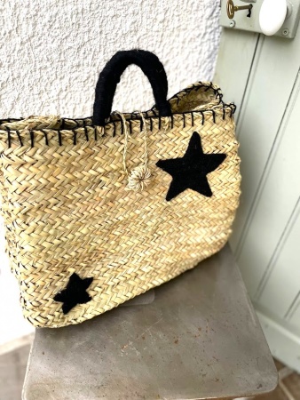 Panier cabas en paille étoiles noires