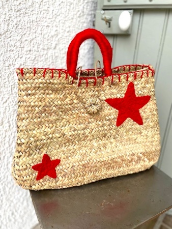 Panier cabas en paille étoiles rouges