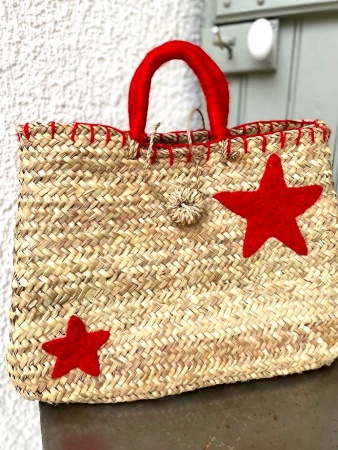 Panier cabas en paille étoiles rouges