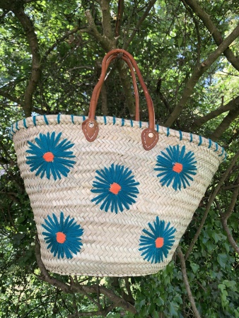 Panier en paille fleurs bleu & orange