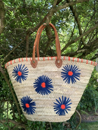 Panier en paille fleurs bleu Majorelle & orange