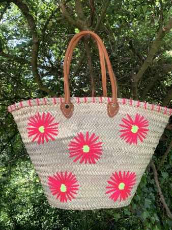 Panier en paille fleurs rose & jaune