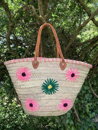 Panier en paille fleurs rose & vert