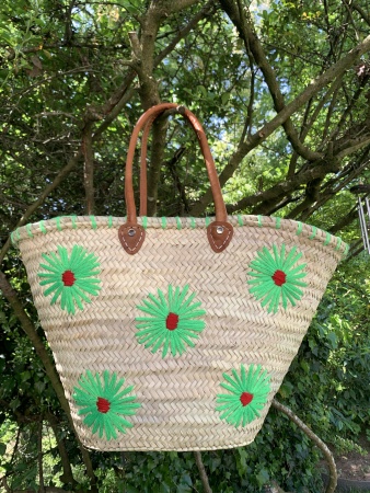 Panier en paille fleurs vert & rouge