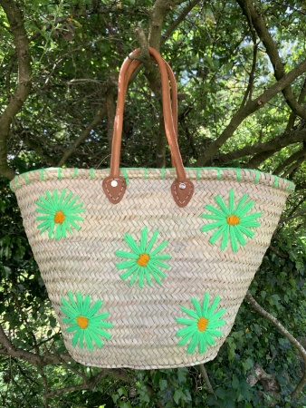 Panier en paille fleurs vertes