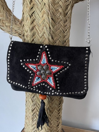Sac en daim noir petit format étoile rouge et bleu