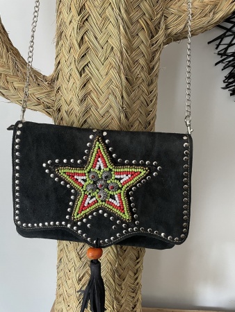 Sac en daim noir petit format étoile verte et rouge